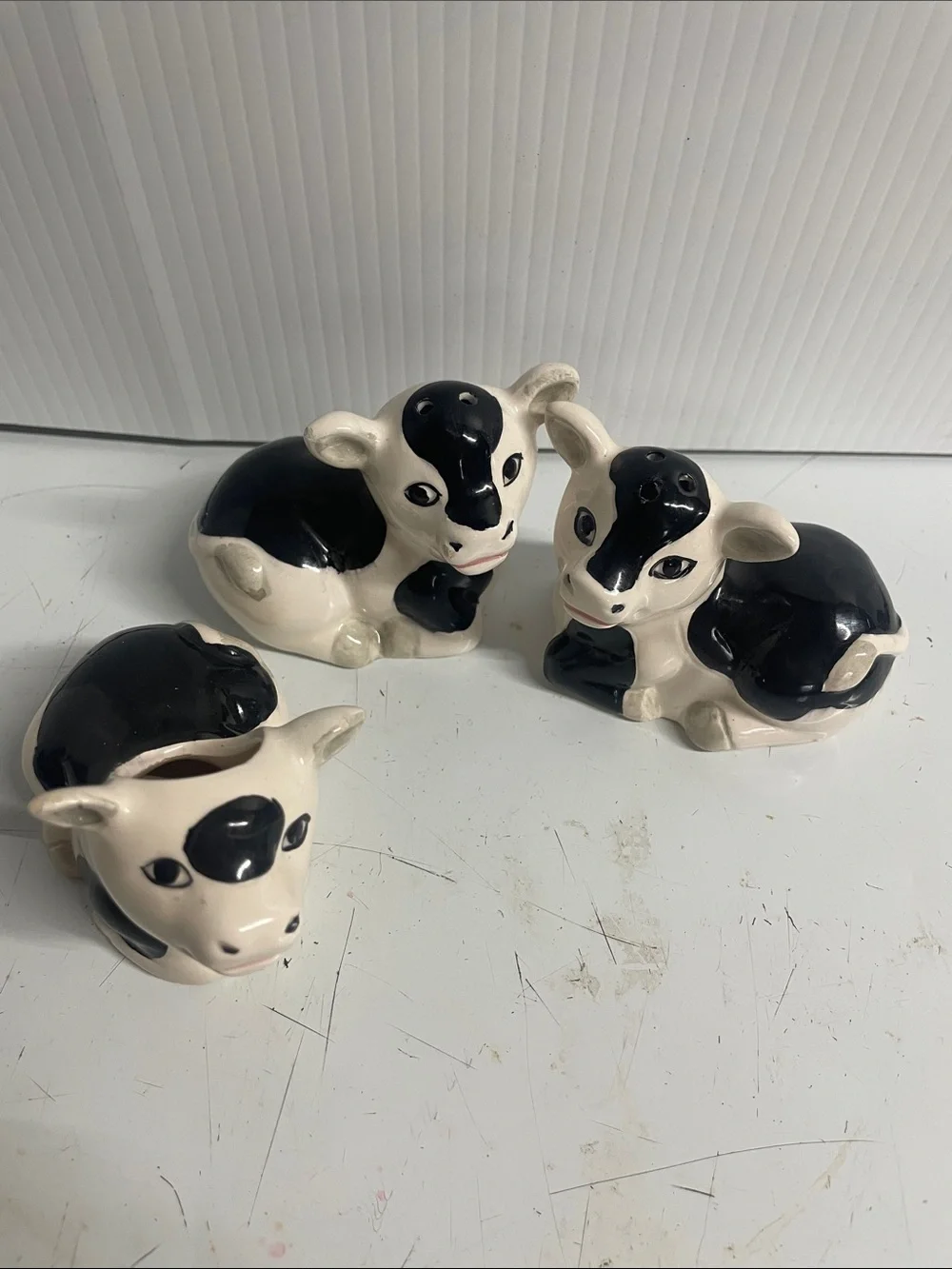 Set of 3 Cow salt and pepper shakers with matching toothpick holder